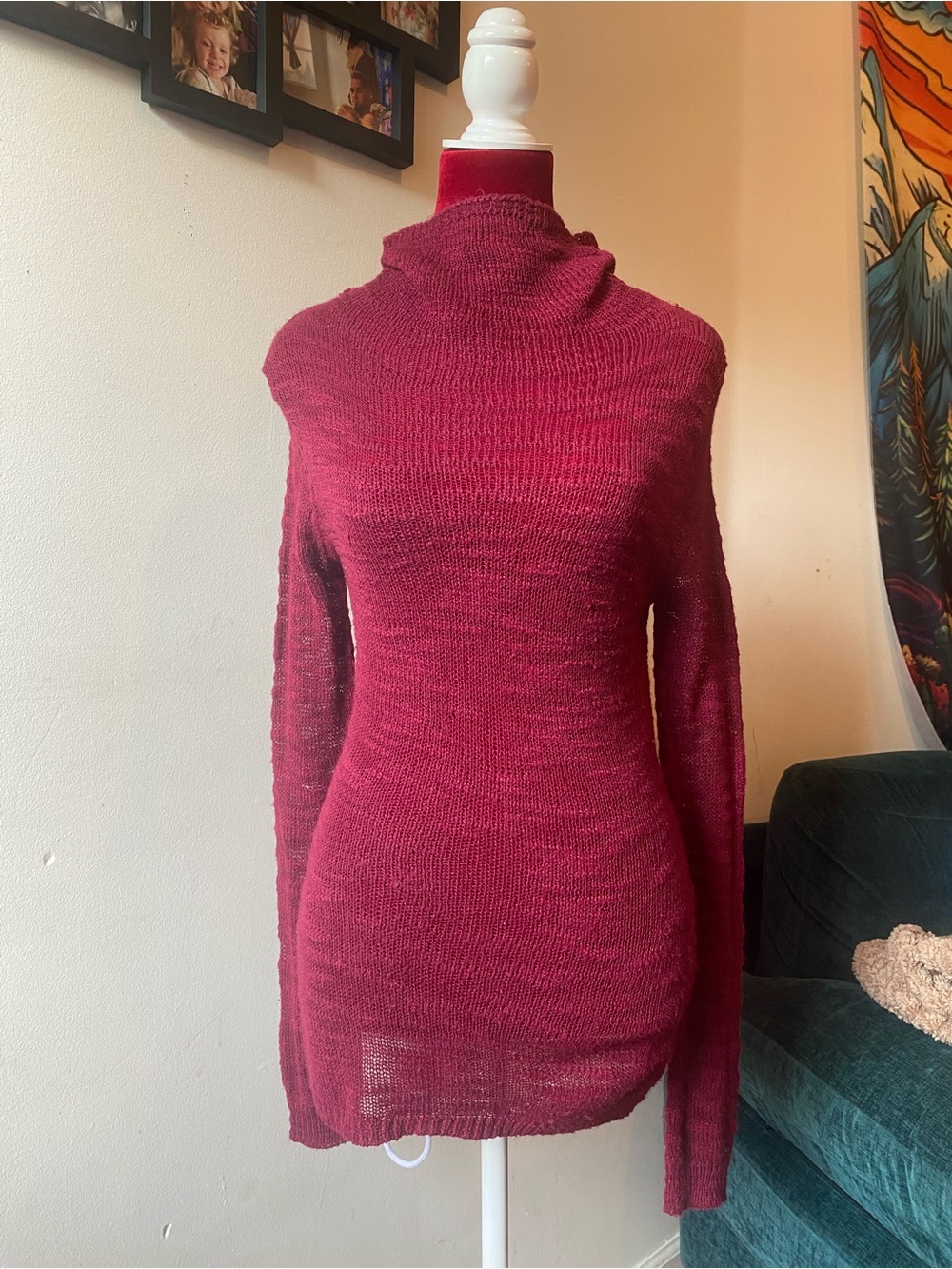 Y2K Decree Burgundy Cowl-Neck Lightweight Knit Sweater